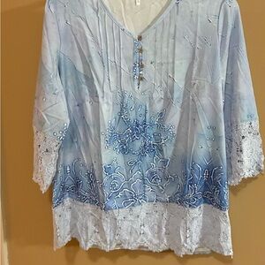 Blue and White Lace Trim Women's Top